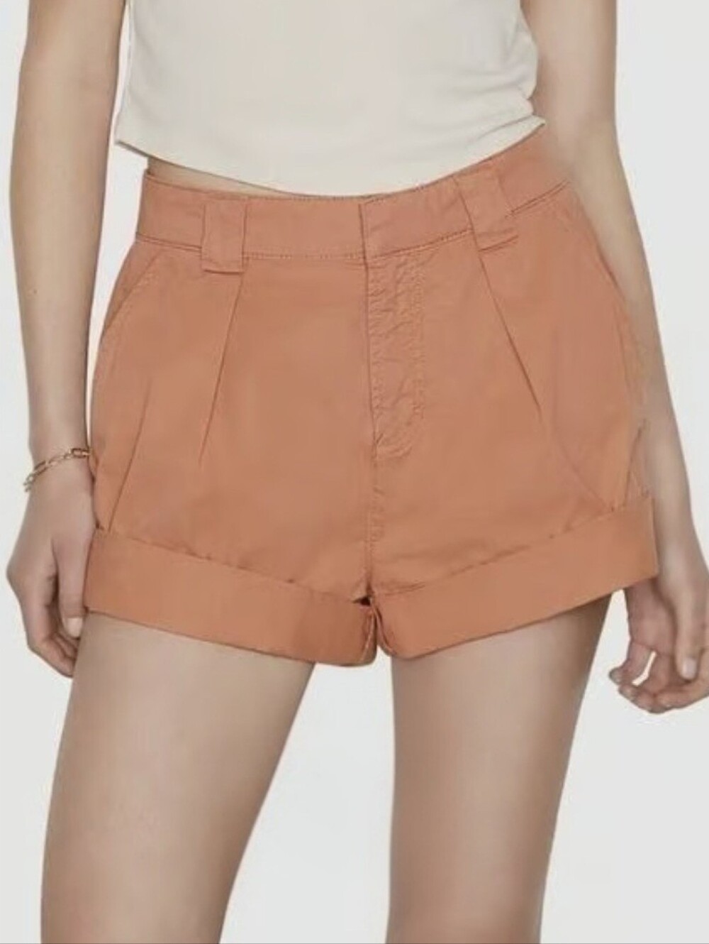 Frame Fluid Twill Rolled Cuff Cotton Shorts Terracota Sz.27 Utility Pleated